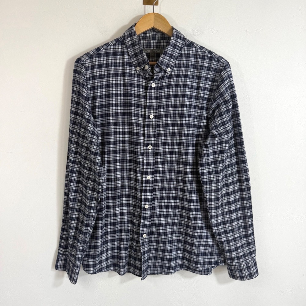 Slate & Stone Plaid Flannel Button Down Shirt Navy White Preppy Dark Academia S